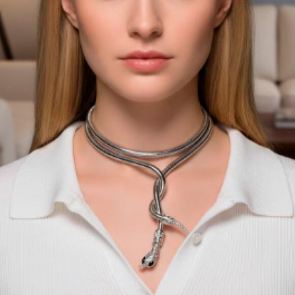 Jewelry - Black Austrian Crystal Serpentine Necklace in Silvertone